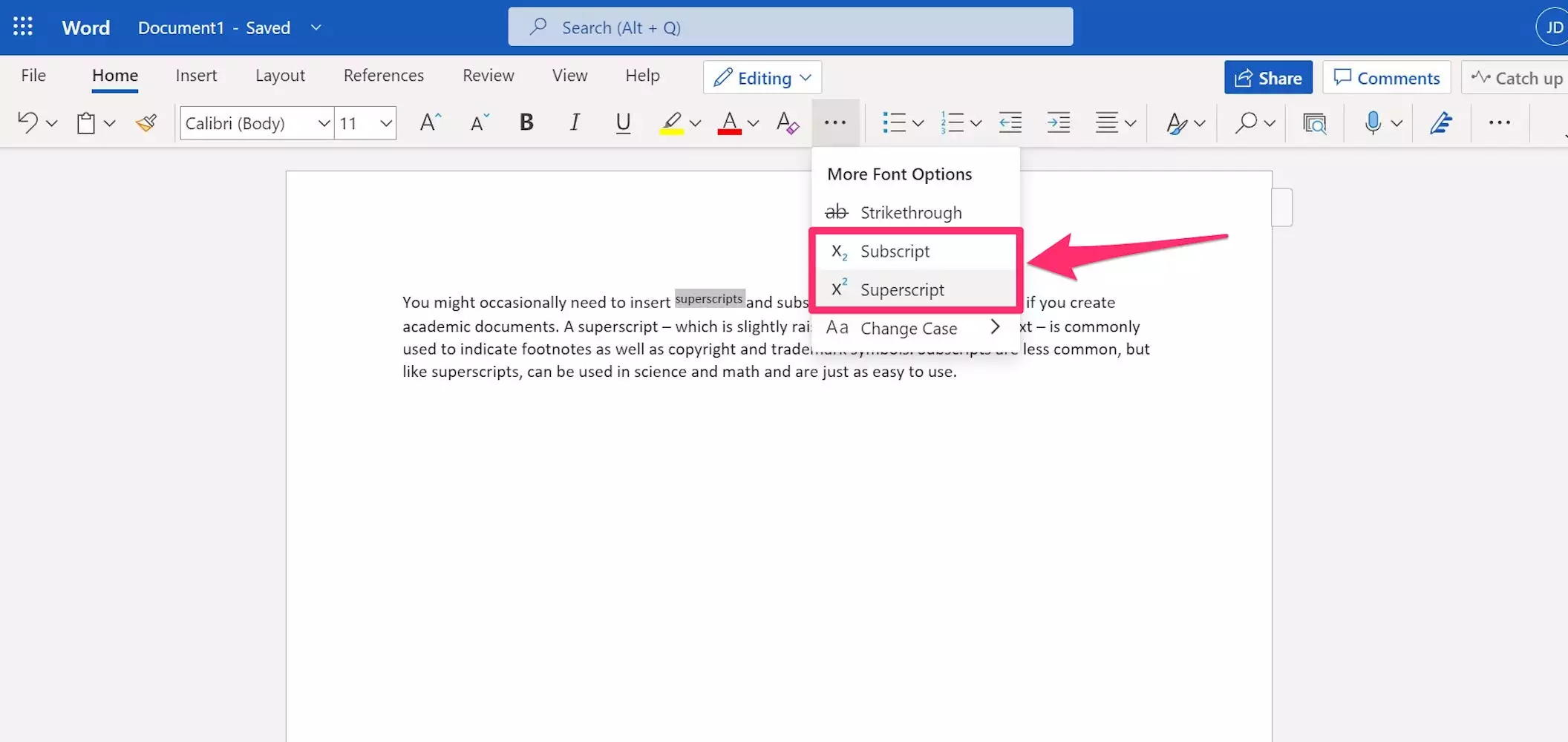 需要包含页注或特殊字符时，如何在 Microsoft Word 中添加上标或下标
