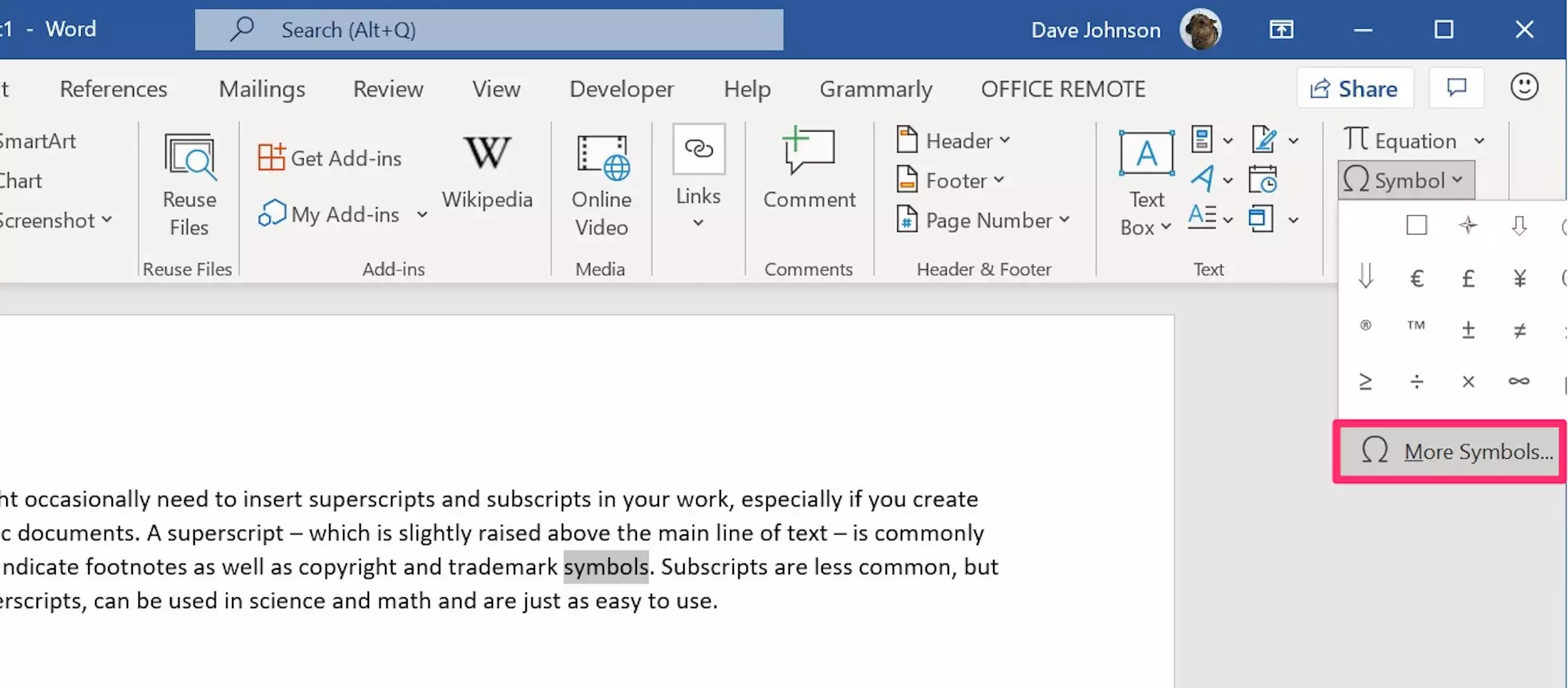 需要包含页注或特殊字符时，如何在 Microsoft Word 中添加上标或下标