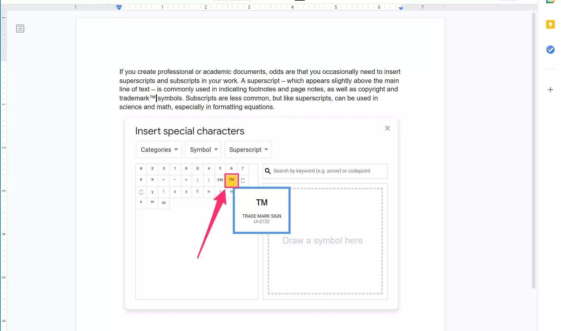 如何在 Google Docs 中添加上标或下标以在文档中插入特殊符号或页注