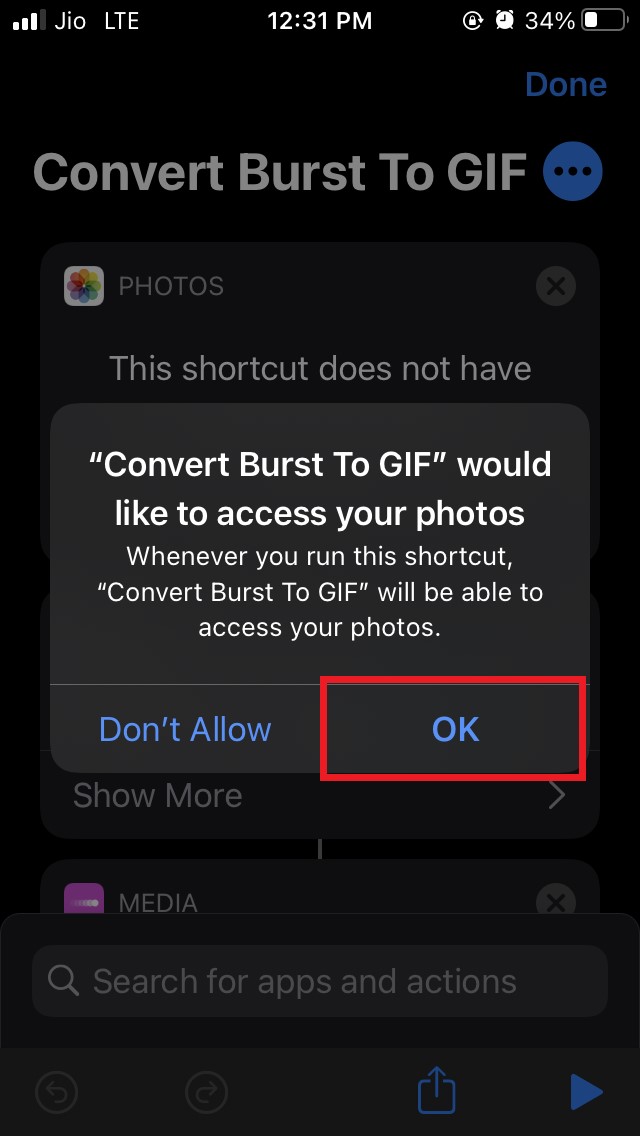 使用快捷方式在 iOS 上将连拍模式照片转换为 GIF