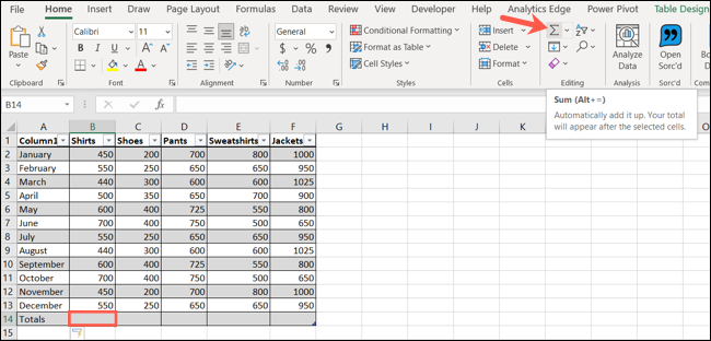如何在 Microsoft Excel 的表格中插入总计行