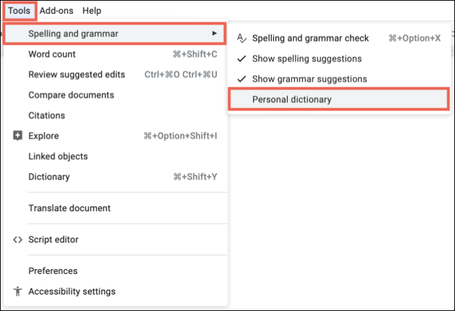ToolsSpellingDictionary-GoogleDocsPersonalDictionary