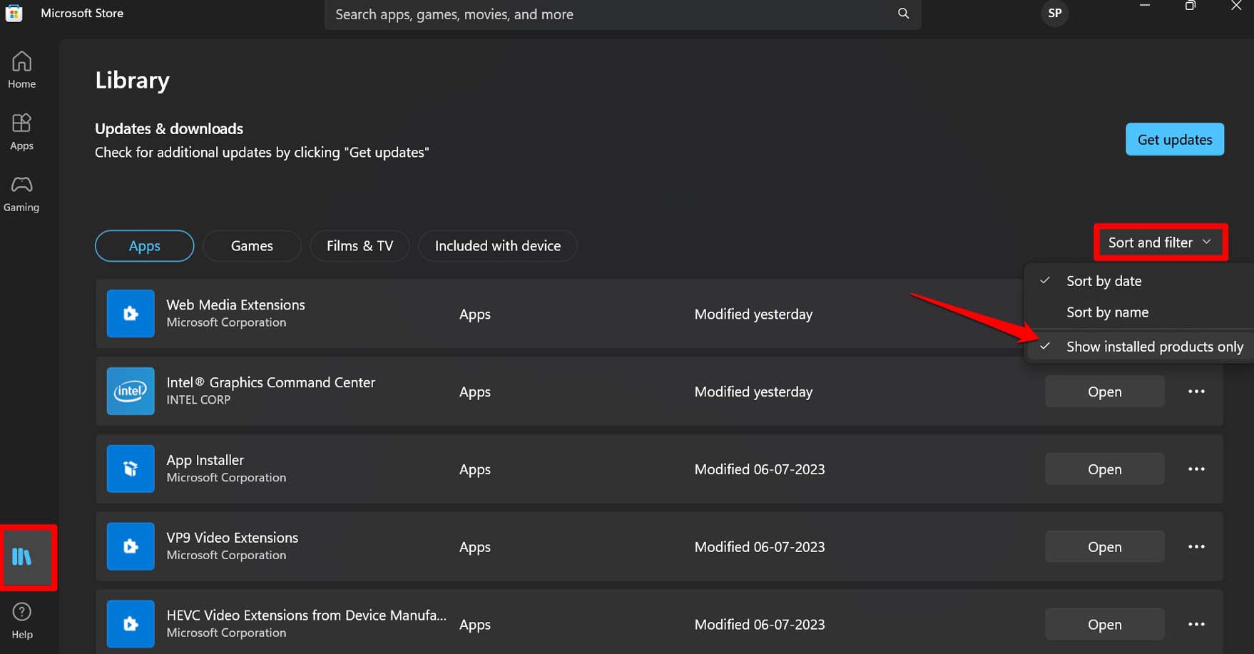 show-installed-products-only-on-Microsoft-Store