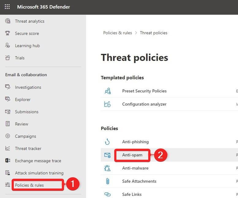 Choose-Anti-Spam-option-under-Policies